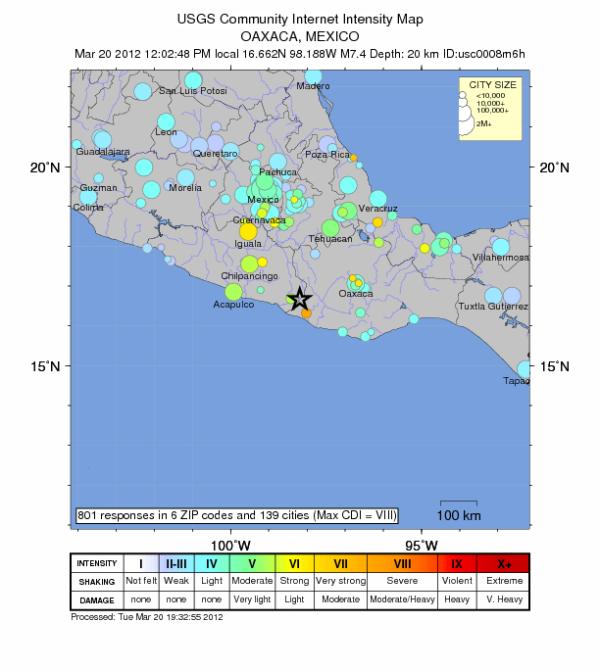 This image shows the Oaxaca region of Mexico that experienced two earthquakes at about 12 PM PDT on March 20, 2012.