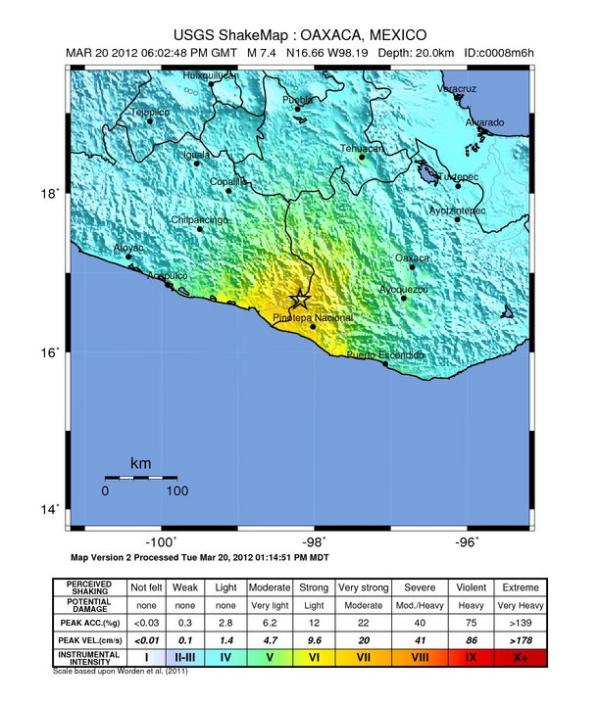 This image shows the shaking intensity at different distances from the epicenter of the earthquake that occurred at Oaxacala, Mexico on March 20, 2012 at about 12 PM PDT.