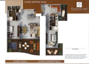 This floor plan of the Grand Luxxe Master Villa Suite shows the layout for the Suite (1 BR); the Lock Off, which is called the Luxxe Junior Villa and, when combined, the 2 BR unit. 