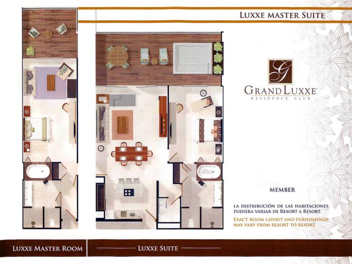 The Luxxe Master Suite (Condo) is made up of two separate units, that when used together make up a 2 bedroom unit.  The separate units are a Luxxe Suite (Condo) 1 bedroom suite and a Luxxe Master Room, which is a hotel-like room.  Floor plans for units in Nuevo Vallarta and Riviera Maya are the same.