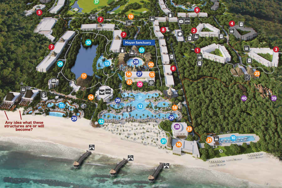 This updated map of the beach side of Grupo Vidanta's Riviera Maya property is useful for guaging distances between different venues.  Joya Theater is across the road from the beach side entrance.