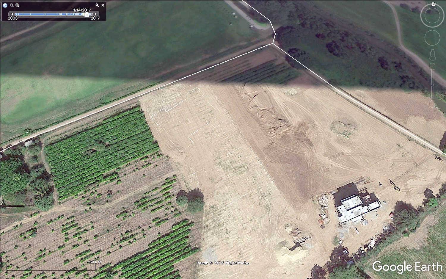 Google Earth image as of 1-14-17.  Note the white chalk lines indicating an outline of a possible building foundation.  Not sure if that is correct, but it certainly appears that way.
