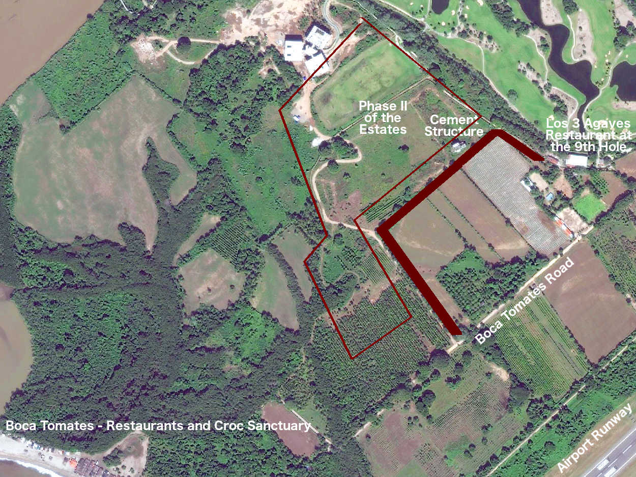 The Estates in Jalisco as seen from the air. The new pod may represent the Northern boarder and the concrete structure South of the driving range may be the Southern boarder.  The access road is the Boca de Tomates road, which also leads to the beach. Tap the photo to expand; tap your browser's back arrow to return to this page.