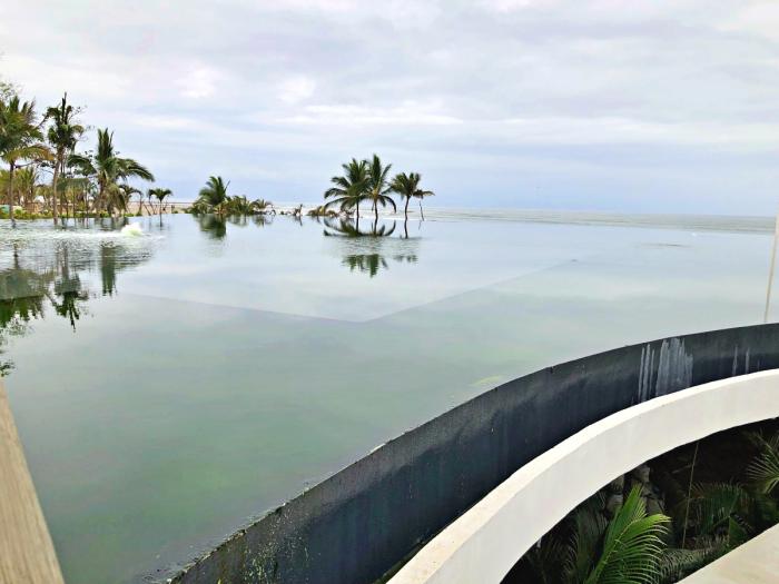 This Infinity Pool is the rooftop of what we were told was going to be a kitchen. Not yet. Decorative feature with the sky meeting the water.
